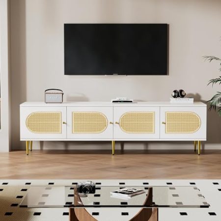 Huayz Weißer Rattan-TV-Schrank 180x40x50 cm - 4 Rattan-Türen, verstellbare Einlegeböden und Kabelmanagement für Fernseher bis 80 Zoll, TV-Schrank,Lowboards