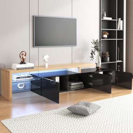 TV-Schrank für unter 85-Zoll-Fernseher Lowboard mit 3 Türen und 2 Glasböden, TV Board mit viel Stauraum, Moderner TV Sideboard, Fernsehschrank für Wohnzimmer und Esszimmer, Hochglänzendes Schwarz