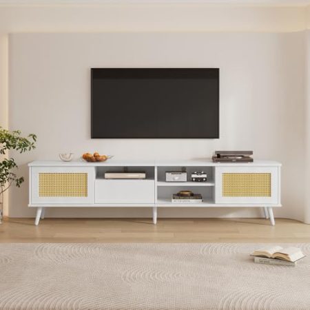 Weißer Rattan-TV-Ständer, Maße 200x40x49 cm, geeignet für 90-Zoll-Fernseher, mit 2 Rattantüren, 1 Schublade und 3 offenen Fächern - Robuste Konstruktion, 50 kg Belastbarkeit,TV-Schrank