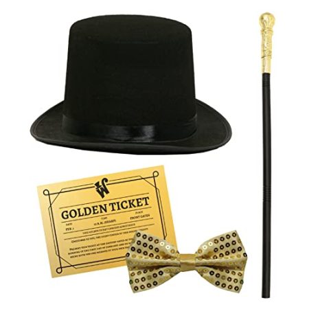 Factory Boss Zubehör-Set – 55 cm Zylinder mit Goldstock, goldenem Ticket und goldener Krawatte – perfekt für den Welttag des Buches, Schulbuchwoche, Kostümzubehör-Set