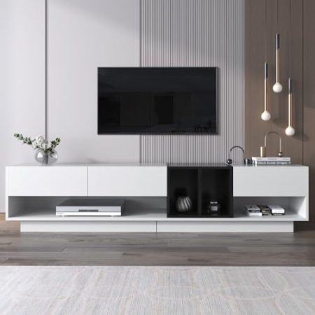 Hochglanz TV-Schrank Farbblockierendes Design TV-Ständer mit Schubladen Offenen Fächer mehrere Stauräume Lowboard 190 cm Lang TV Möbel Tisch Weiß und Schwarz