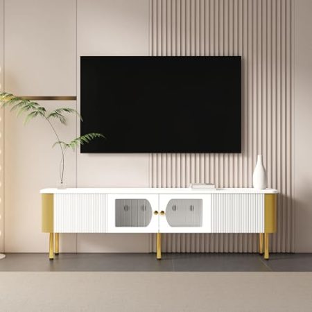 HYSZ TV-Schrank mit Glastüren, Schubladen und goldenen Akzenten – Eleganter Fernsehschrank mit abgerundeten Ecken für modernes Wohnen,Weiß