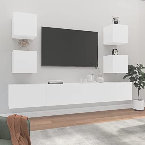 ShCuShan 6-TLG. TV-Schrank-Set Weiß Holzwerkstoff Wohnzimmer SchräNke Wohnzimmerset TV-StäNder Wohnzimmer MöBel Set