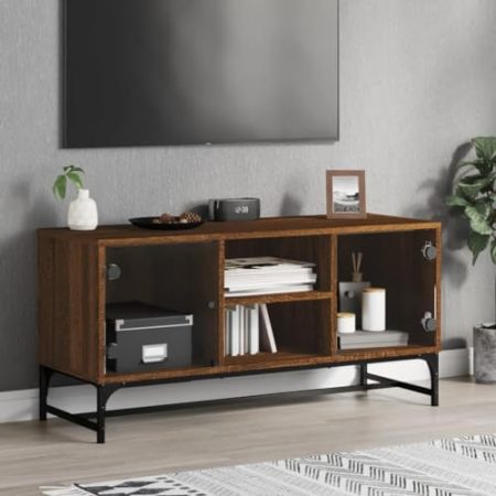 WKIEQACO Entertainment Centers & TV-Ständer, TV-Schrank mit Glastüren, Eiche, Braun, 102 x 37 x 50 cm
