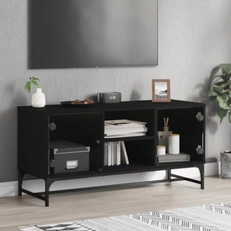 WKIEQACO Entertainment Centers & TV-Ständer, TV-Schrank mit Glastüren, Schwarz, 102 x 37 x 50 cm