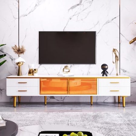 TV Schrank in Mamoroptik, Fernsehschrank mit 4 Füßen, 4 Strukturierte Schubladen mit Goldenen Griffen und zwei Braune Türen aus Gehärtetem Glas, Modernes TV-Lowboard für Wohnzimmer, 170X37x47,5cm.