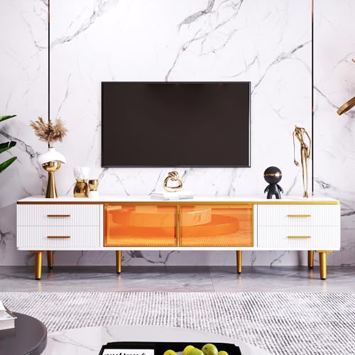TV Schrank in Mamoroptik, Fernsehschrank mit 4 Füßen, 4 Strukturierte Schubladen mit Goldenen Griffen und zwei Braune Türen aus Gehärtetem Glas, Modernes TV-Lowboard für Wohnzimmer, 170X37x47,5cm.