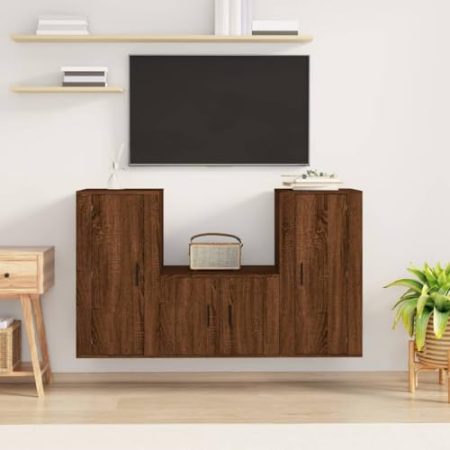 3-TLG. TV-Schrank-Set aus Holzwerkstoff, Wandmontage, Design in Räuchereiche, TV Lowboard, Fernsehschrank, 57 x 34.5 x 40 cm, 40 x 34.5 x 80 cm