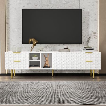 IDEASY Moderner TV-Schrank, TV-Lowboard mit 4 Schubladen, einer Tür, einem vertikalen Fach und 2 horizontalen Fächern, TV-Tisch für Wohnzimmer, 170x40.3x49.9cm, Weiß