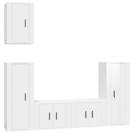 vidaXL TV Schrank Set 5 TLG., TV Wandschrank mit viel Stauraum, Lowboard für Wohnzimmer Fernseher, Fernsehschrank TV Möbel Hängeschrank, Hochglanz Weiß Holzwerkstoff