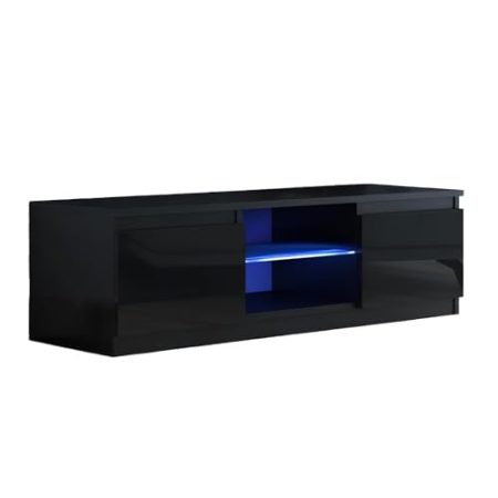WHATSIZE ENTERPRISE Designer Entertainment-Einheit, TV-Schrank, Sideboard, LED-Leuchten, Glas, schwebendes Regal & Hochglanz-Drehtüren, für Wohnzimmer, Büro oder Schlafzimmer, Schwarz