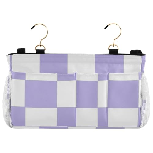 Nachttisch-Organizer, multifunktionaler Organizer für TV-Fernbedienung, Handys, Zeitschriften, Tablets, Zubehör, lila und weiß, amerikanisches Karomuster