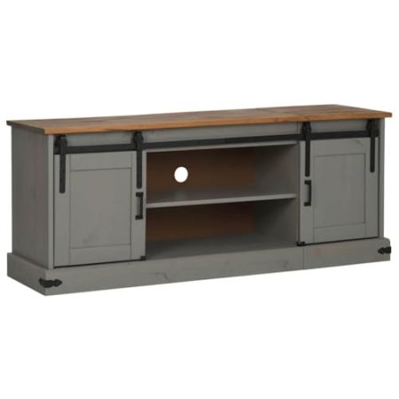 vidaXL TV-Schrank Halden 2 Schiebetüren Grau 150x40x60 cm Massivholz, TV-Ständer, TV-Lowboard, TV-Tisch, TV-Sideboard, TV-Möbel, Fernsehschrank