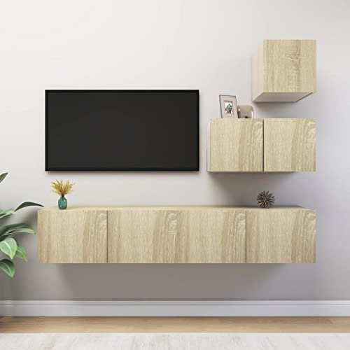 YUHI-HQYD 4-TLG. TV-Schrank-Set,Hängeschränke,Flaches Kabinett,Aufbewahrungsschränke,Konsolenschränke,TV-Möbel,Moderner Stil,Wanddekoration,für Wohnzimmer,Büro,Sonoma-Eiche Holzwerkstoff