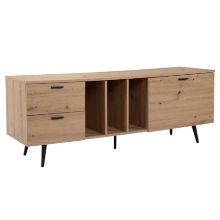 Wohnling Lowboard Eiche-Dekor 150x55x40 cm Design TV-Kommode Modern, TV-Schrank Hoch, Fernsehtisch Fernsehschrank mit Tür & Schubladen, Fernsehkommode Wohnzimmer Modern
