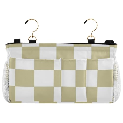 Nachttisch-Aufbewahrungstasche mit Taschen, Organizer zum Aufhängen für TV-Fernbedienung, Handys, Zeitschriften, Tablets, Zubehör, Gelb und Weiß, amerikanisches Karomuster