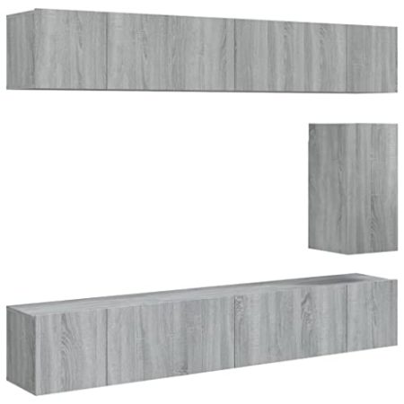 vidaXL TV Schrank Set 7-TLG. Wohnwand Schrankwand Anbauwand Hängeschrank Lowboard TV Möbel Fernsehschrank Wandschrank HiFi-Schrank Grau Sonoma Holzwerkstoff