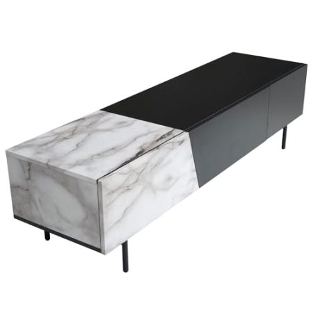 Wohnling Lowboard Schwarz mit Marmor-Dekor in Weiß 150x40x40 cm TV-Kommode Modern, Design TV-Schrank Niedrig, Fernsehtisch Fernsehschrank mit Türen & Schublade, Fernsehkommode Wohnzimmer Modern