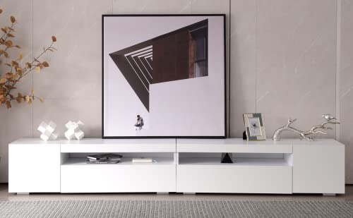 Weißer moderner TV-Schrank 240 x 39 x 35 cm, TV Lowboard mit 2 Klappen und 2 Schränken als Stauraum, TV-Ständer mit variabler LED-Beleuchtung, Fernsehschrank geeignet für Wohn- und Esszimmer