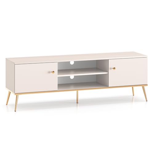TV Board Lowboard Schrank Fernsehschrank in Kaschmir mit goldfarbenen Akzenten Drehtür Receiver Fach Wohnzimmer