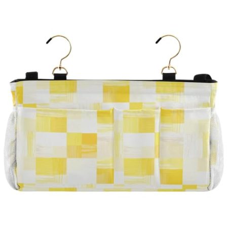 EtherSpher Hellgelb und Weiß Karomuster Nachttisch Hängende Aufbewahrung Bett Hängetasche für TV-Fernbedienung, Handys, Zeitschriften, Tablets, Zubehör