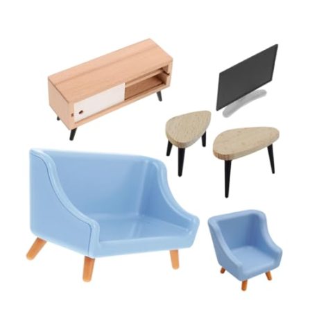 1 Satz Miniaturmöbel Set für Puppenhaus Teiliges Wohnzimmer Zubehör mit Schwarzem und Weißem Tv Blauen Sofas und DIY Projekte und Miniaturwelten