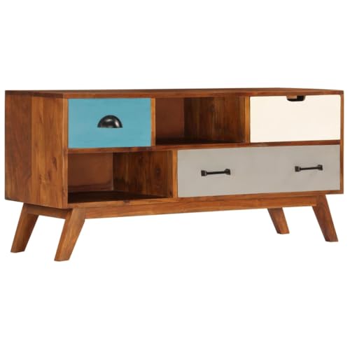 YITHOPI TV-Schrank mit 3 Schubladen 110 x 35 x 50 cm Akazienholz Massiv Büro-TV-Ständer TV-Schrank für das Schlafzimmer Wohnzimmer TV-Ständer für Büro, Wohnzimmer, Schlafzimmer