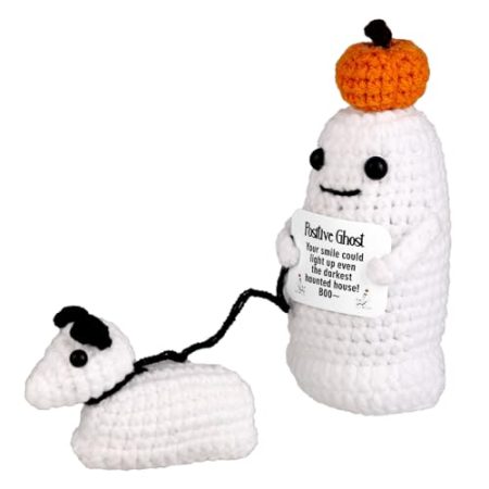 TOYMIS Positiver Geist, Gehäkelter Geist mit Laufendem Hund Halloween Geister Dekorationen Häkeln für Halloween Häkelpuppe Emotionale Unterstützung als Geschenk und Dekoration für Halloween-Partys