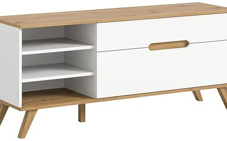 xonox.home Wohnzimmer Stockholm Lowboard TV-Board Wohnzimmerboard TV-Schrank Stauraumschrank in weiß Absetzung Nox Oak, ca.140x60x40 cm