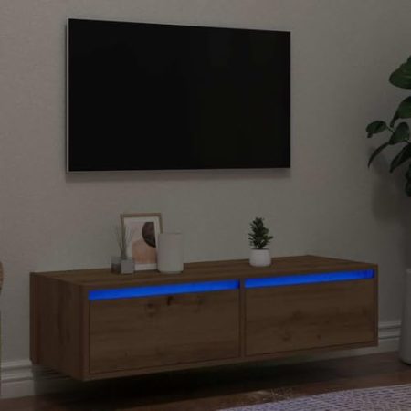 WKIEQACO Entertainment Centers & TV-Ständer, TV-Schrank mit LED-Lichtern, Artisan Eiche, 100 x 35,5 x 25 cm