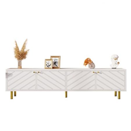 Weißer TV-Schrank, goldene Metallgriffe und -füße, TV-Möbel mit Vier Türen, passend für Verschiedene Einrichtungsstile