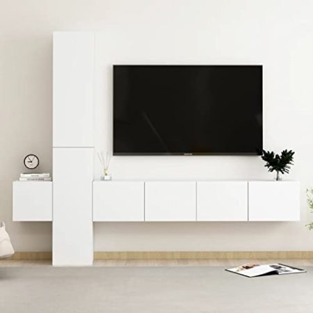 Gecheer 5-TLG. TV Schrank Set Wohnwand Wohnzimmer TV Set TV Lowboard Moderne Schrankwand Wandschrank Mediawand Anbauwand Fernsehtisch TV Möbel Wohnzimmersets HiFi Schrank Set Weiß Holzwerkstoff
