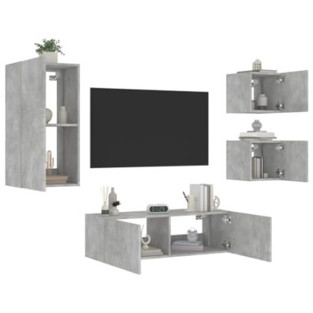 YUHI-HQYD 4-TLG. TV-Wohnwand,Hängeschränke,TV-Wand,Medien Schränke,Aufbewahrungsschränke,TV-Möbel,Wanddekoration,Korridor Kabinett,für Wohnzimmer,Arbeitszimmer, mit LED-Leuchten Betongrau