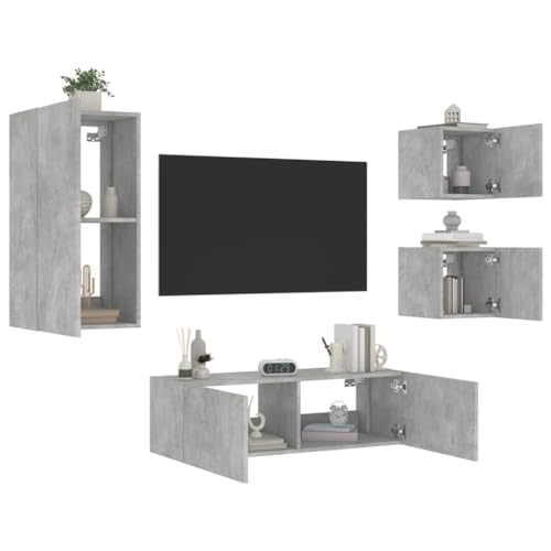 YUHI-HQYD 4-TLG. TV-Wohnwand,Hängeschränke,TV-Wand,Medien Schränke,Aufbewahrungsschränke,TV-Möbel,Wanddekoration,Korridor Kabinett,für Wohnzimmer,Arbeitszimmer, mit LED-Leuchten Betongrau