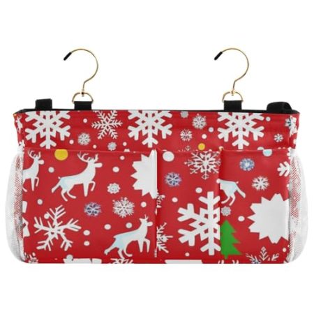 EtherSpher Nachttisch-Hängekorb mit Weihnachtsschneeflocke, Hirsch, rot, Beistellbett-Organizer, Hängetasche, Tasche für TV-Fernbedienung, Handys, Zeitschriften, Tablets, Zubehör