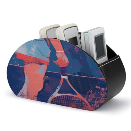 FZQVSWTX Fernbedienungshalter, hält einen Tennisschläger aus bedrucktem PU-Leder, Schreibtisch-Organizer mit 5 Fächern für Medien-Zubehör und Bürobedarf