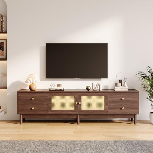 Lunanniu TV Schrank, 180 x 35 x 44 cm Langer TV-Schrank mit Zwei Rattantüren, Vier Schubladen, Kabelmanagement und Hydraulischen Scharnieren Für Fernseher bis zu 80 Zoll Geeignet, Modernes TV-Möbel