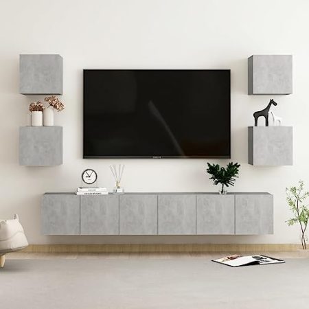 AJSEOYBS Fernsehschrank, Lowboard,lFernsehtisch7-Tlg,Tv-Schrank-Set Betongrau Holzwerkstoffgeeignet Für Schlafzimmer, Wohnzimmer,Empfangsräume, Wohnräume, Konferenzräume