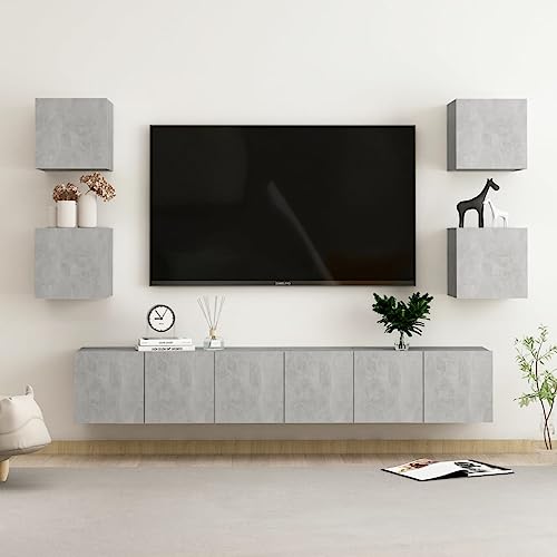 AJSEOYBS Fernsehschrank, Lowboard,lFernsehtisch7-Tlg,Tv-Schrank-Set Betongrau Holzwerkstoffgeeignet Für Schlafzimmer, Wohnzimmer,Empfangsräume, Wohnräume, Konferenzräume