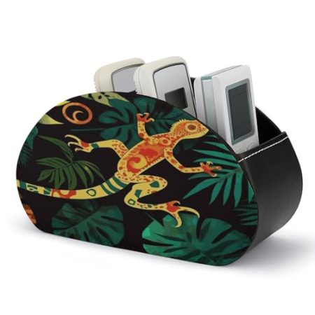 FZQVSWTX Fernbedienungshalter, Gecko und tropische Blätter, bedrucktes PU-Leder, Fernbedienungs-Caddy, Schreibtisch-Organizer mit 5 Fächern für Medien-Zubehör und Bürobedarf