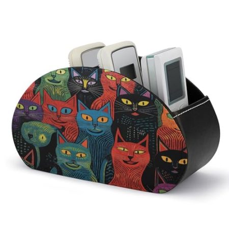 FZQVSWTX Fernbedienungshalter, mehrfarbiger Katzenmalerei, bedrucktes PU-Leder, Schreibtisch-Organizer mit 5 Fächern für Medien-Zubehör und Bürobedarf