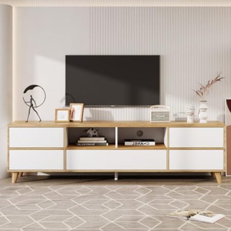 TV-Schrank Lowboard Mit Offenen Fächern Und Türen Wohnzimmer Möbel Fernsehtisch Schränke Beistellschrank Sideboard Für Wohnzimmer Möbel Weiß Und Holzfarben