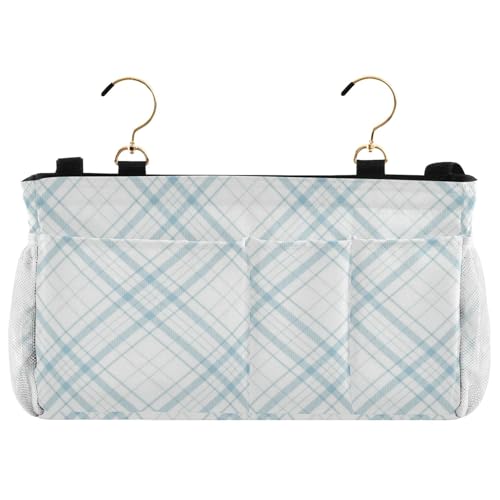 Nachttisch-Caddy, Bett-Organizer, hängende Bett-Organizer, Aufbewahrungstasche für TV-Fernbedienung, Handys, Zeitschriften, Tablets, Zubehör, blau und weiß kariertes Muster