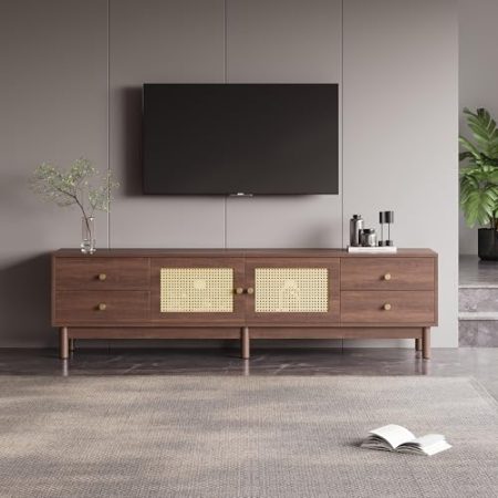 HAINEW Landhausstil TV-Schrank Lowboard mit 2 Rattan Türen und 4 Schubladen, 180 cm Lang TV Tisch TV Lowboard Fernsehtisch Fernsehschrank Für Fernseher bis zu 80 Zoll, Walnussfarbe