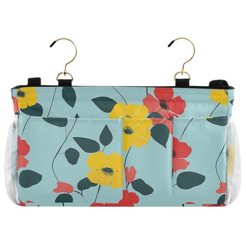 siphylline Nachttisch-Aufbewahrungskorb, Organizer, Bett-Aufbewahrungstasche mit Taschen, Hängeorganizer für TV-Fernbedienung, Handys, Zeitschriften, Tablets, Zubehör, gelbe und rote Blumen