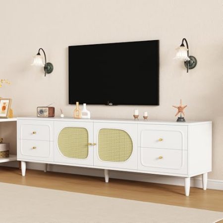 Irrun Rattan TV Schrank, Eleganter TV-Schränke Mit 4 Schubladen, TV Stand with 2 Rattantüren, Lowboards Für bis zu 80 Zoll Fernseher, TV Cabinet