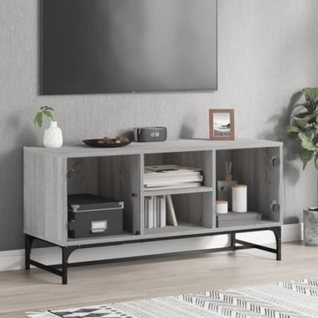 WKIEQACO Entertainment Centers & TV-Ständer, TV-Schrank mit Glastüren, Grau, Sonoma, 102 x 37 x 50 cm