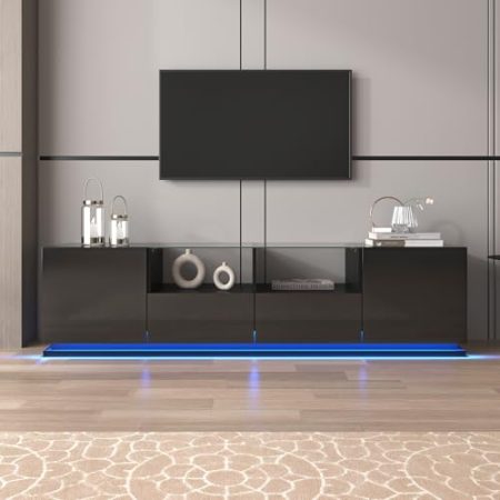 Jaxenor 165cm Led Hochglanz TV Schrank, TV Lowboard mit Glasböden, Moderner Fernsehschrank TV Board für 50-59 Zoll TV Wohnzimmer, 2 Schubladen und 2 Türen, Schwarz