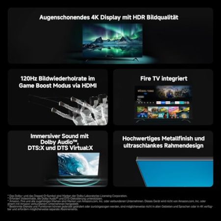 Xiaomi F, 55 Zoll (140 cm), 4K UHD, Smart TV, Fire TV, Triple Tuner DVB-C/S/S2/T/T2,HDR10, MEMC,Game Boost mode 120Hz, Sprachsteuerung mit Alexa, 2GB+32GB, Kompatibel mit Apple AirPlay