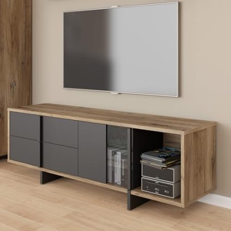 Forte JOKKAZ TV-Schrank 160, TV-Lowboard, 1 Tür, 2 Schubladen, Wohnzimmer, Holzwerkstoff, Flagstaff Eiche Holzdekor/Schwarz, 159,6 cm breit x 53,7 cm hoch x 42,0 cm tief